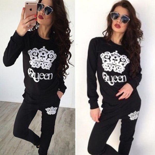 2st Träningsoverall för kvinnor Hoodies Sweatshirt + Byxa Sportwear kostym black XL