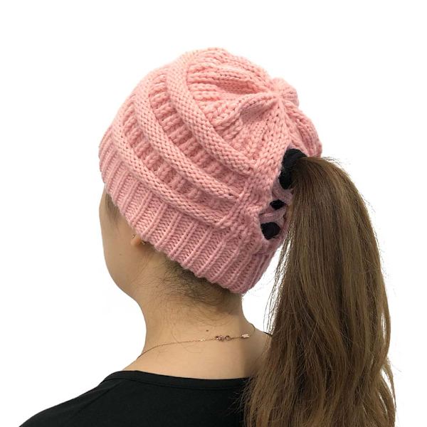 Dam Messy Bun Stickad Hästsvans Mössa Hatta Enkla Varma Mössor Pink