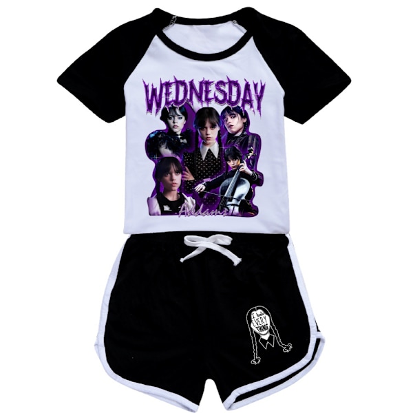 Barn Pojkar Flickor Kostym Addams Cosplay Sommar T-shirt Shorts Set black 140cm