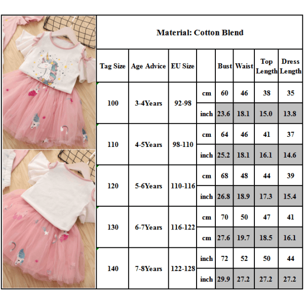 Barnflickor Sommar Kortärmad Enhörning Tutu Tulle Kjoldress Set white 130cm