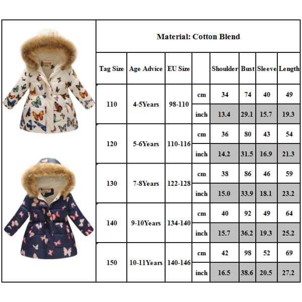 Barn Baby Girls Hooded Coat Barn Vinter Vadderad Ytterkläder Jacka navy bule 140cm