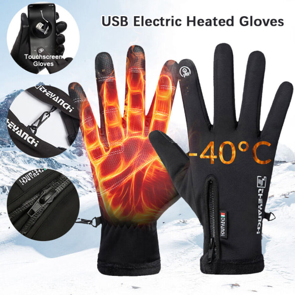 USB elektriska uppvärmda handskar Vinter Halkfri pekskärm Cykling black Temperature regulation