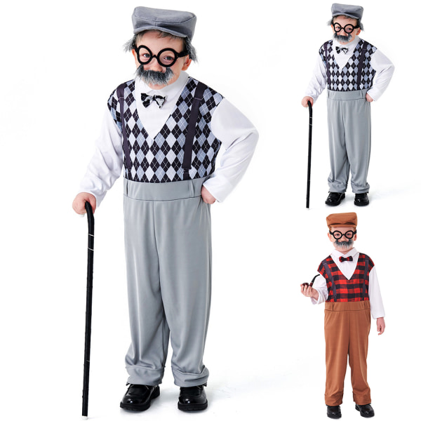 Barn Pojkar Gammal Man Cosplay Kostym Farfar Äldre Gentleman Outfit Kläder Set grey S