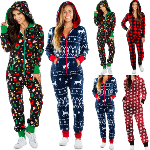 Kvinnors Enfärgade Tryckta Sovkläder Julpyjamas Jumpsuit green XL