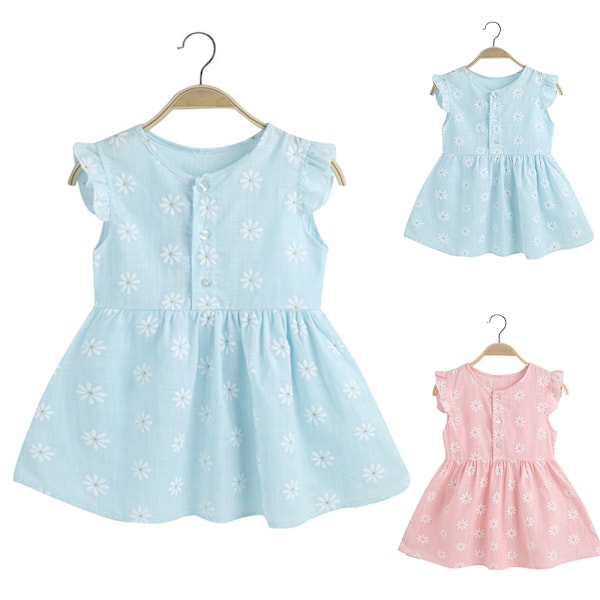 Flickor Ärmlös Prinsessklänning för Barn Baby Sommar Väst Klänning Strand Semester Blommig Solklänning Light Blue 90cm