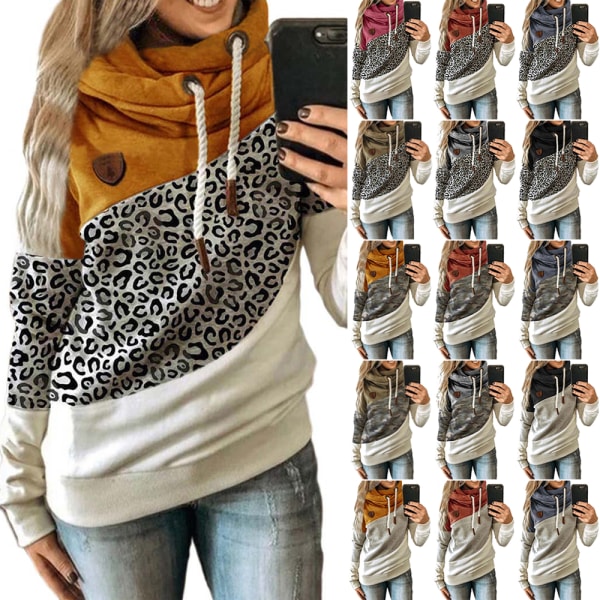 Huvtröja för kvinna med turtleneck sweatshirt hoodie sport camo tröja Leopard + bule 4XL