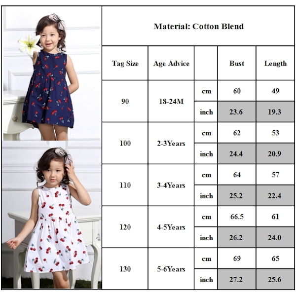 Sommarklänning för flickor, rund hals, körsbärstryck, ärmlös väst, prinsessklänning A-linje F 130cm