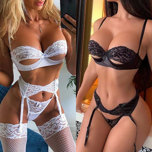 Kvinnors sexiga underklädesset PushUp topp bh trosa nattkläder sovkläder white M