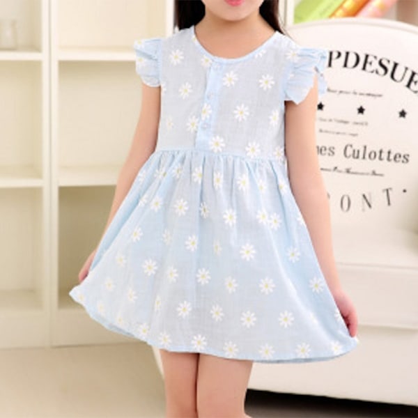 Flickor Ärmlös Prinsessklänning för Barn Baby Sommar Väst Klänning Strand Semester Blommig Solklänning Light Blue 110cm