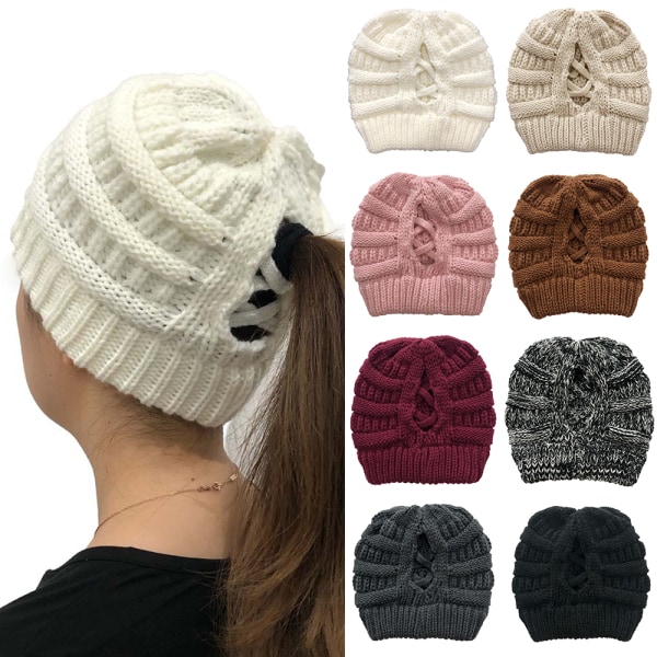 Dam Messy Bun Stickad Hästsvans Mössa Hatta Enkla Varma Mössor Pink