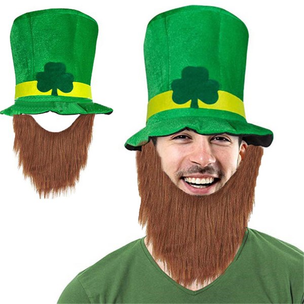 St Patrick's Day partyhatt med brunt skägg för män och kvinnor Hat+brown beard