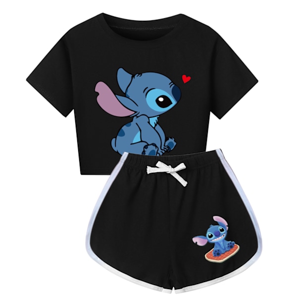 Stitch-tryckta kortärmade T-shirts + shorts Sportklädesset 5-14 år Barn Tonåringar Flicka Träningsdräkt Black 170cm