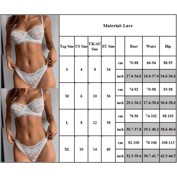 Dam Sexig Push Up BH G-string Trosa Underkläder Set white S