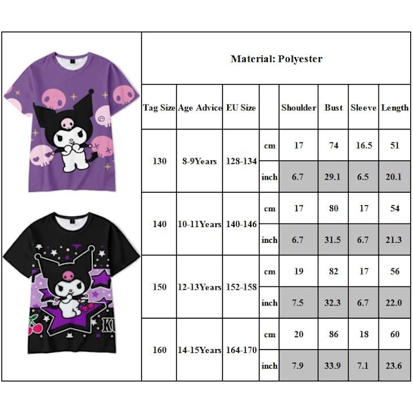 Kuromi T-shirt med tryck för barn, pojkar och flickor, sommar, kortärmad, rund hals, casual B 130cm