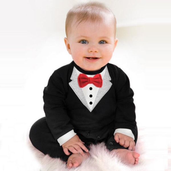 Baby Boys Suit Långärmad Jumpsuit Gentleman Outfit + fluga Red bow tie black suit 90cm