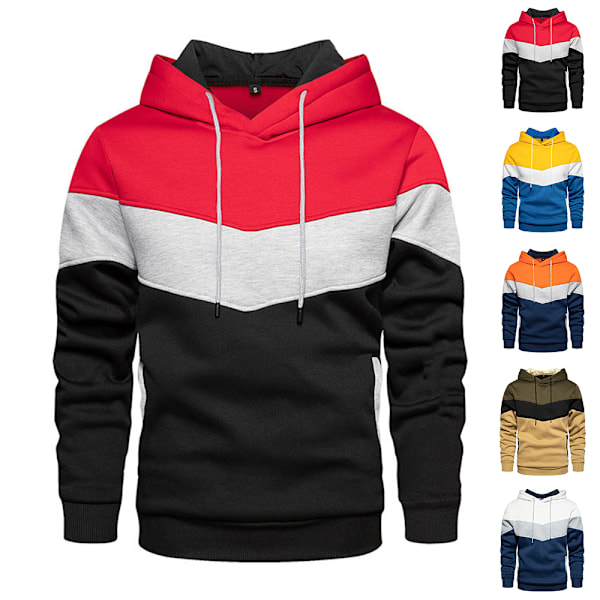 Långärmad huvtröja för män Färgblock Pullover Huvtröja Vintertoppar Orange XL