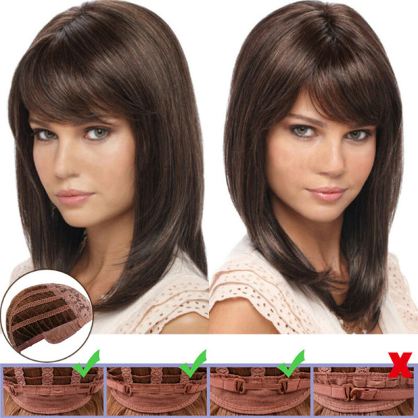 Kvinnors mörkbrunt rakt hår lutande lugg hel peruk naturlig