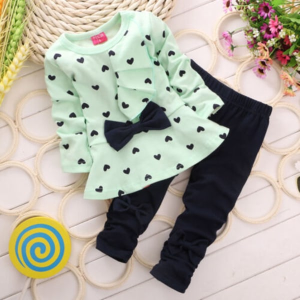 Barn långärmad bowknot T-shirt klänning randig + byxor Set Green 110