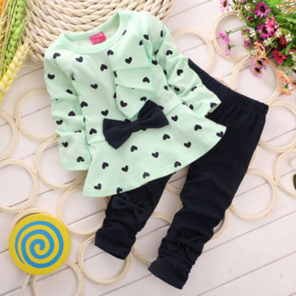 Barn Långärmad Rosett T-shirt Klänning Randig + Byxor Set Green 110