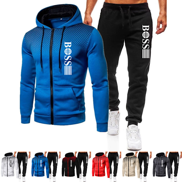 Höst- och vinterträningsset för män, sportkläder, huvtröja, jacka, sweatshirt, joggingbyxor Royal Blue-Black M