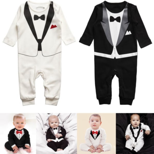 Baby Boys Suit Long Sleeves Jumpsuit Gentleman Outfit + Bow Tie Black bow tie black suit 90cm