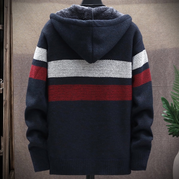 Män Fleece Strip Fodrad Hoodie Kappa Vinter Dragkedja Huvtröja Toppar Navy blue 3XL