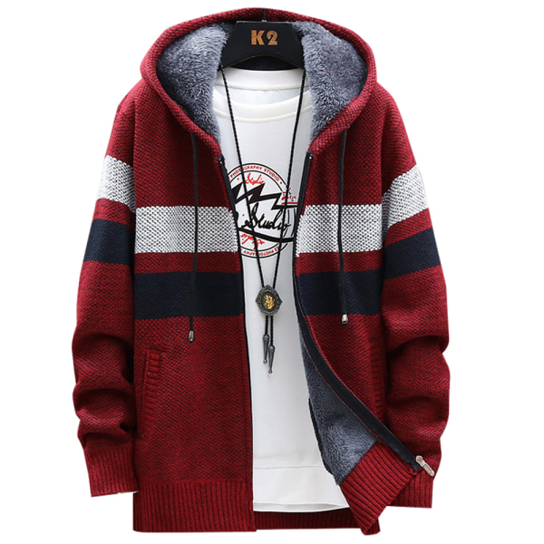 Män Fleece Strip Fodrad Hoodie Kappa Vinter Dragkedja Huva Jacka Toppar Red wine XL