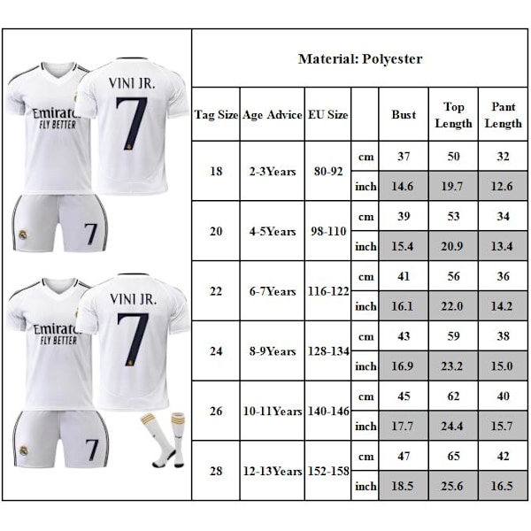 24-25 Real Madrid Tröja Barn Fotbollströja Kit #7 VINI.JR. Fotbollsdräkter Pojkar Träningsdräkt 18