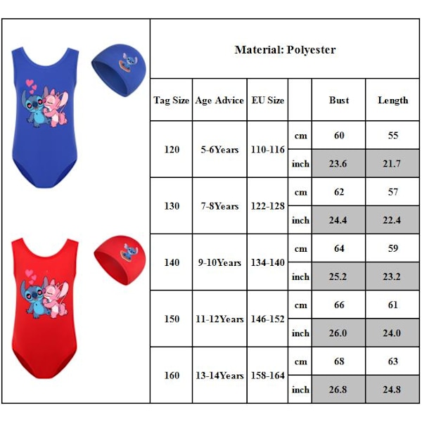 Barn Flickor Lilo & Stitch Tecknad Baddräkt Hel Baddräkt Strandkläder Simdräkt Surfdräkt Med Badmössa Red 120cm