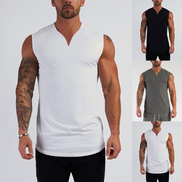 Män V-halsväst Linne Ärmlös Fitness Solid Casual T-shirt white XL