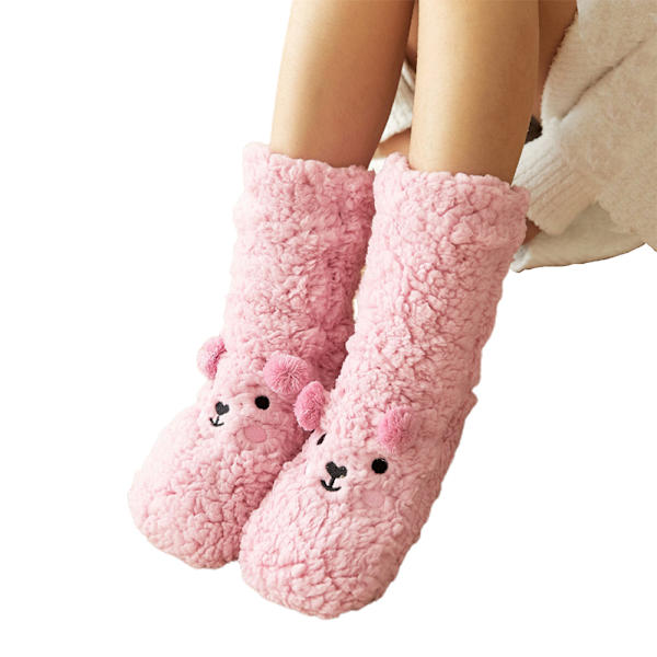 Dam vinter korall fleece plysch strumpor tjocka sova golv gåva Pink