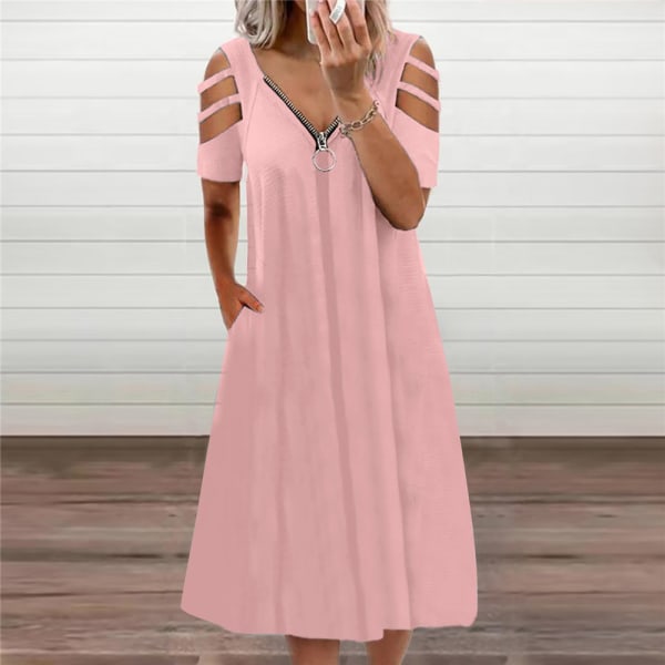 Sommarlovsklänning för kvinnor casual klänning med djup V-dragkedja Pink 2XL