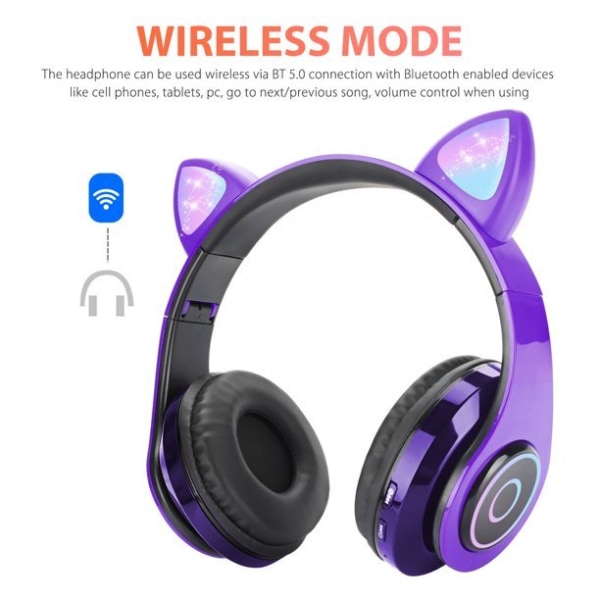 Bluetooth 5.0 hörlurar Cat Ear Over-Ear hopfällbar LED lyser red