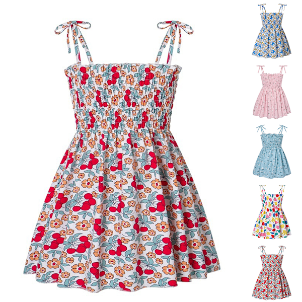 Småbarn Barn Baby Flickor Sommarklänningar Ärmlös Spaghettiband Elastisk Prinsess Solklänning Födelsedag Sommar Butikskläder E 120cm