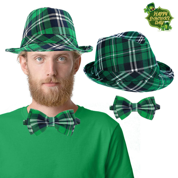 St Patricks Day Hat Vuxna med fluga Grön Pläd Hatt Kostym