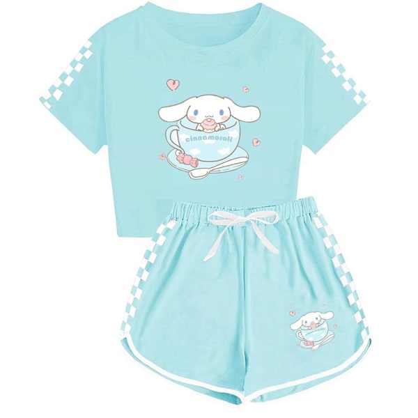 Cinnamoroll Tryckta Kortärmade T-shirts+shorts Sportkläder Set 5-14 År Barn Tonåringar Flicka Träningsdräkt Light Green 120cm