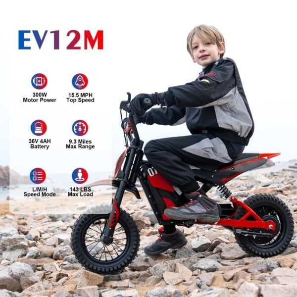 EVERCROSS EV12M elektrisk motorcykel för barn 3-12 år 300W 25KM/H 3 hastighetsnivåer, 12" däck Super Gift Red