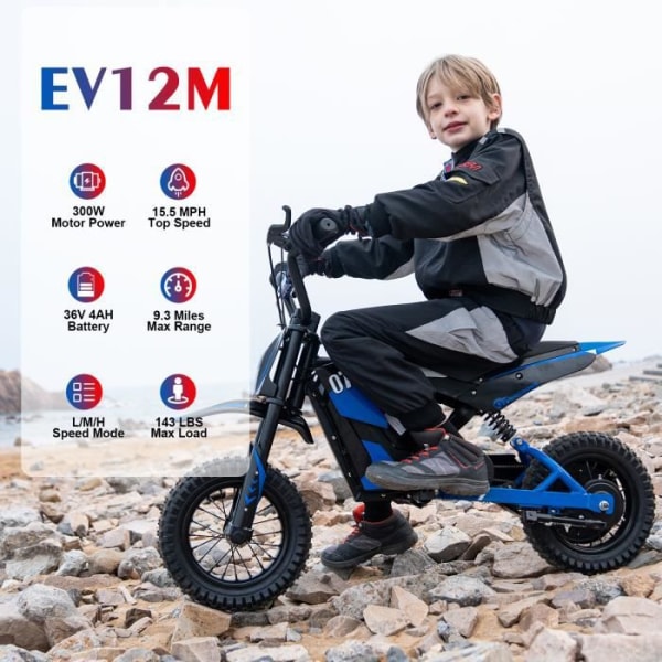EVERCROSS EV12M elektrisk motocross för barn 3-12 år 300W 25KM/H 3 hastighetsnivåer, 12" däck superblå present