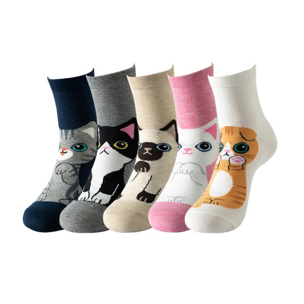 5-pak Tegnede Sokker med Dyremotiver - Hund, Kat, Ugle MultiColor Katt - Cat