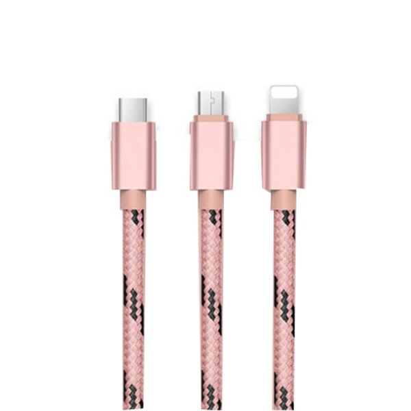 Tiger flätad Nylon micro+Lightning+USB-C kabel - Tre färger Rosa guld