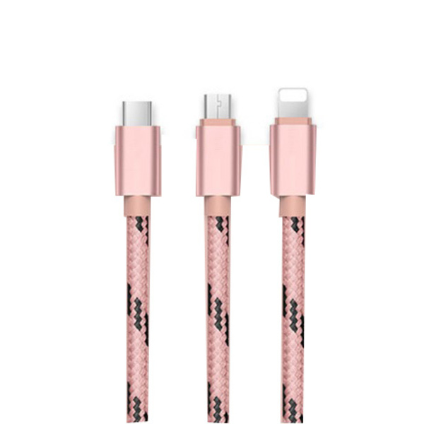 Tiikeripunottu Nylon micro + Lightning + USB -C -kaapeli - Kolme Pink gold