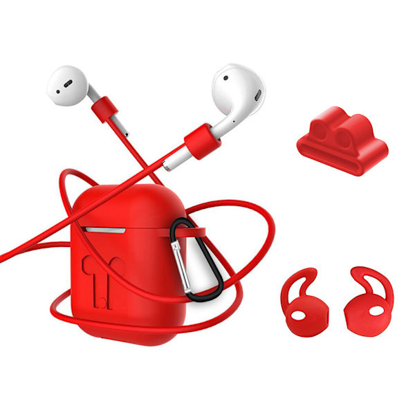 4in1 Airpods kit Beskyttende silikoneetui med kroge, grebstropper Red