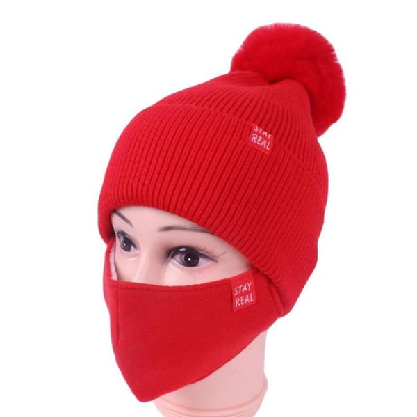 Stickad Mössa med Mask White one size