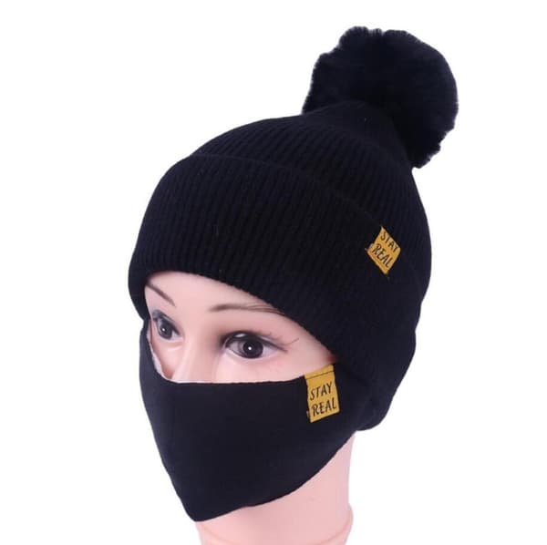 Stickad Mössa med Mask White one size