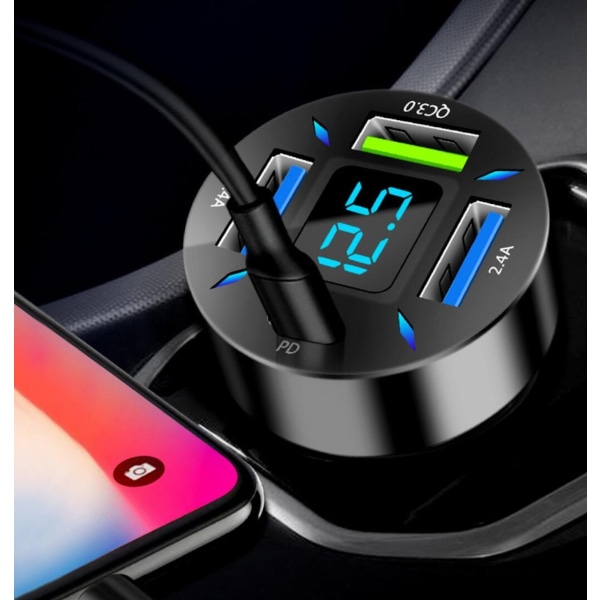 5-i-1 Biladapter med PD, USB-C & QuickCharge - Smart Laddning Svart