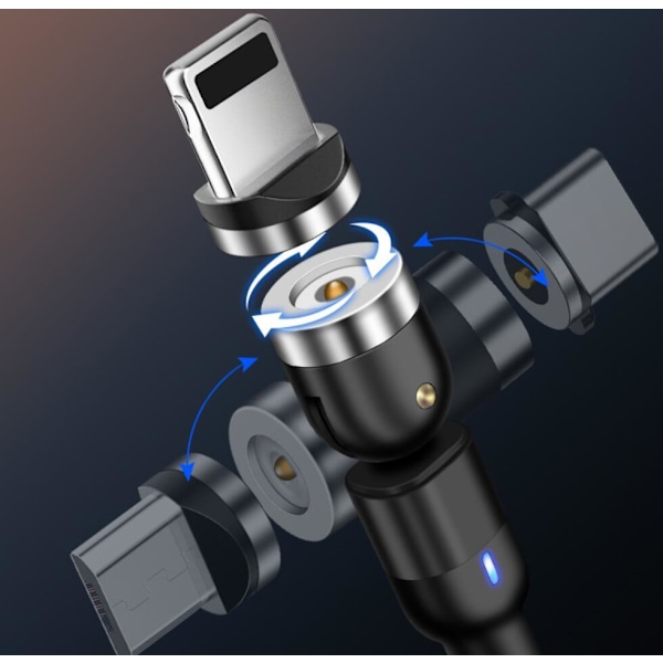 Magnetisk kabel, Lightning + Micro USB + USB-C, 3A Black one size