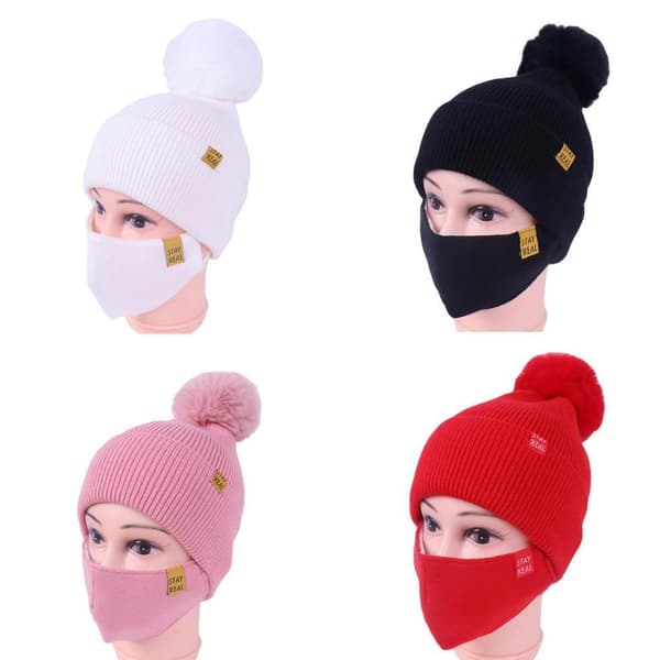 Stickad Mössa med Mask White one size