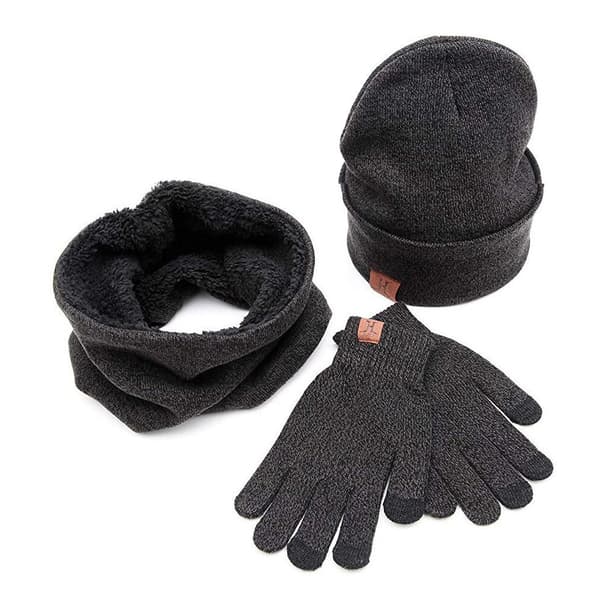3-delat Winter Beanie Hat Halshandskar Set Mörkgrå one size