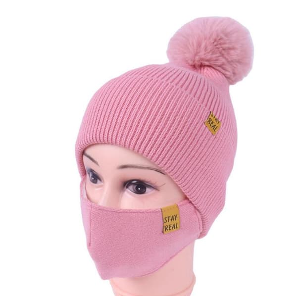 Stickad Mössa med Mask Black one size