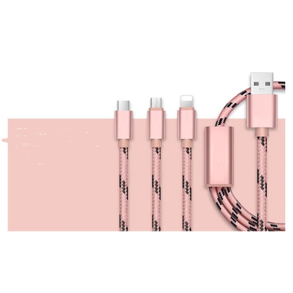 Tiikeripunottu Nylon micro + Lightning + USB -C -kaapeli - Kolme Pink gold